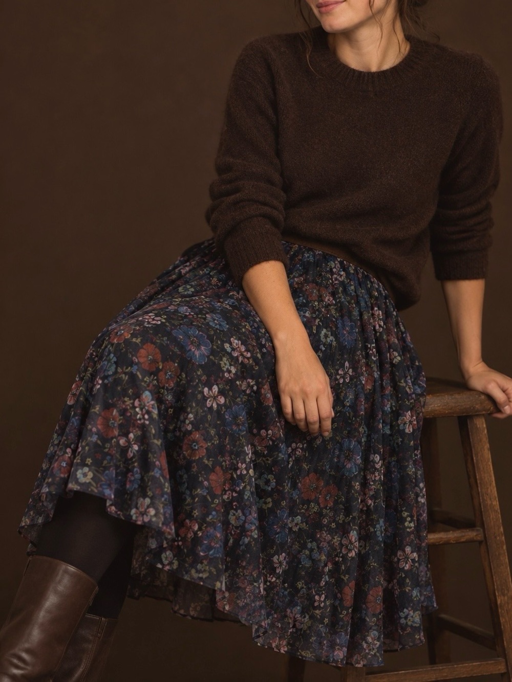 LC Lauren Conrad Black Floral Midi Skirt